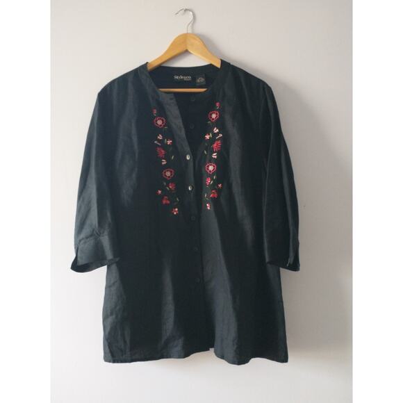 Style & Co Woman's Linen Tunic Top 16W Black Embroidery Dark Cottage Lagenlook - Picture 6 of 12